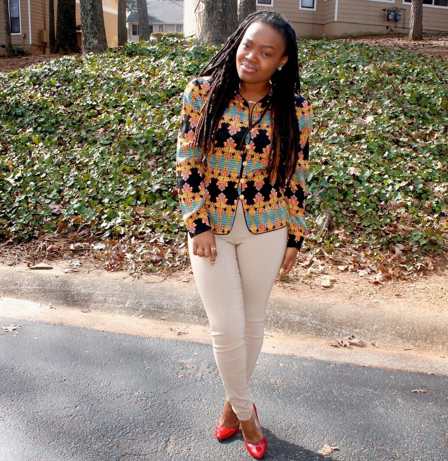 Geometric Patterned Jacket with Slim Beige Trousers — Trendy Church Outfits