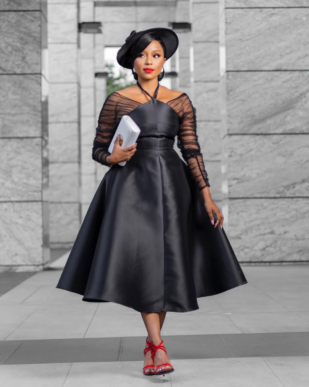 Black Fit-And-Flare Midi Dress with Sheer Sleeves — Trendy Church Outfits