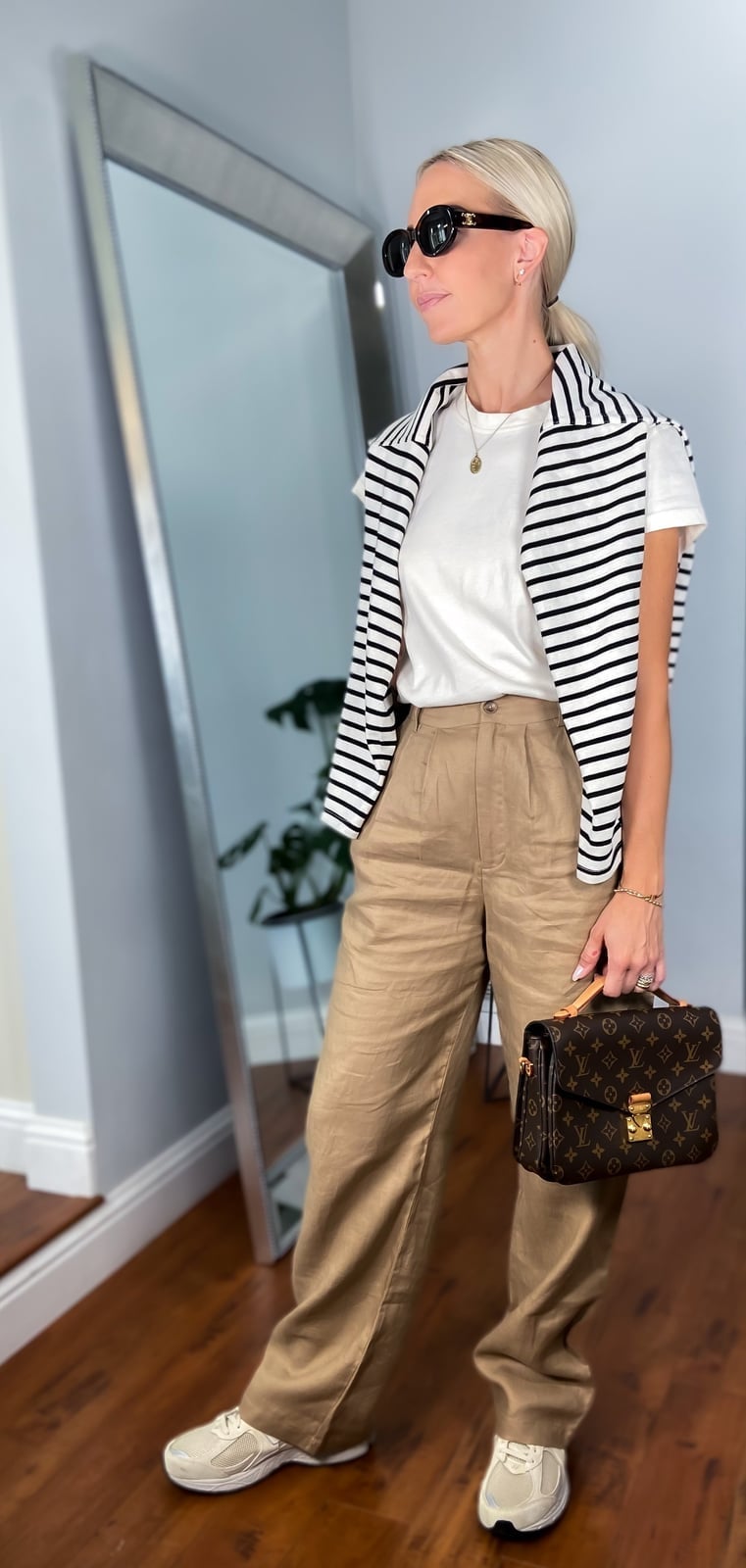 Beige Linen-Like Trousers with Striped Sweater Accent — Trendy Church Outfits
