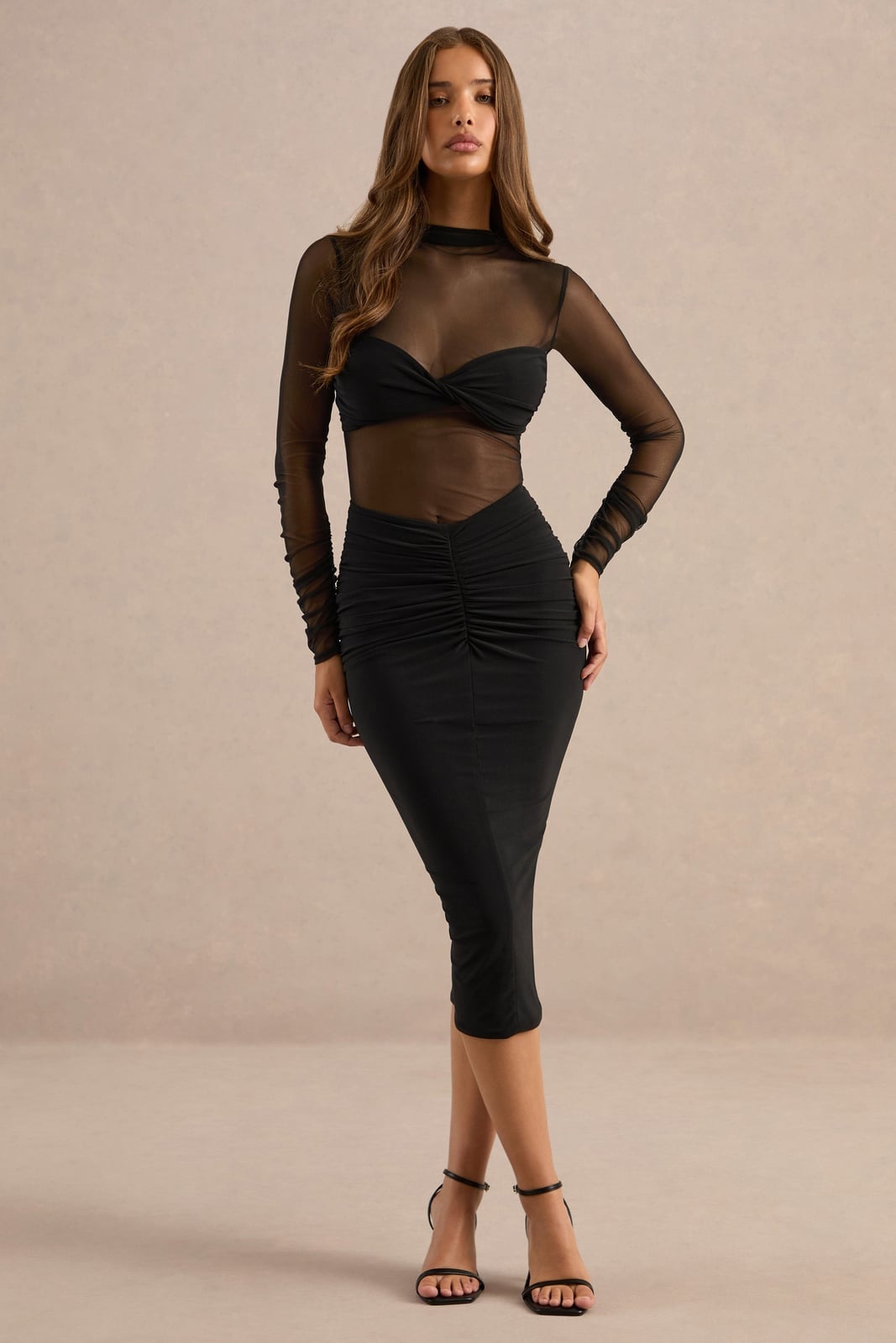 Sheer Mock Neck Top with Ruched Midi Skirt — Trendy Club Outfits