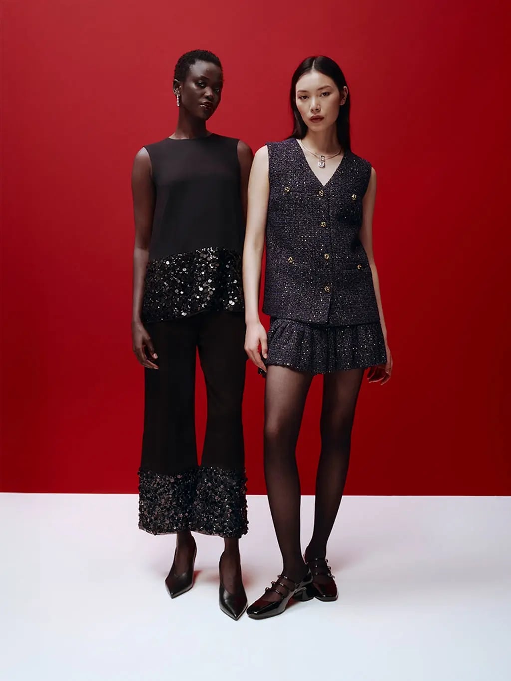 Sequined Trousers and Tweed Vest Ensemble — Trendy Club Outfits