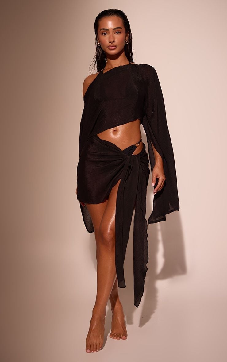 Asymmetrical One-Shoulder Crop Top with Wrap Skirt — Trendy Club Outfits