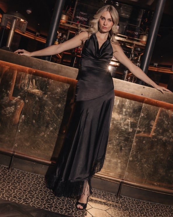 Satin Maxi Dress with Fringe Hem — Trendy Club Outfits