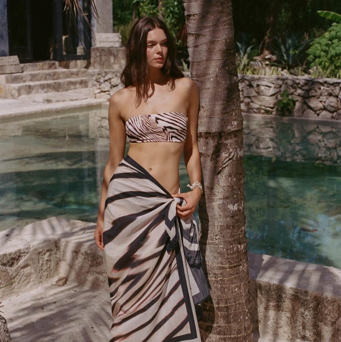Bandeau Top with a Zebra-Print Sarong — Trendy Coastal Outfits