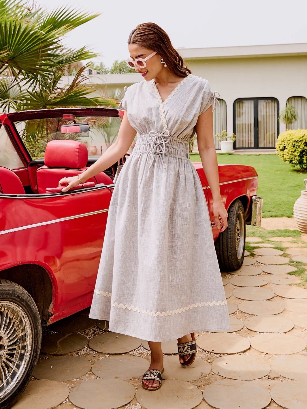 Light Grey Linen Dress with Lace Trim — Trendy Coastal Outfits