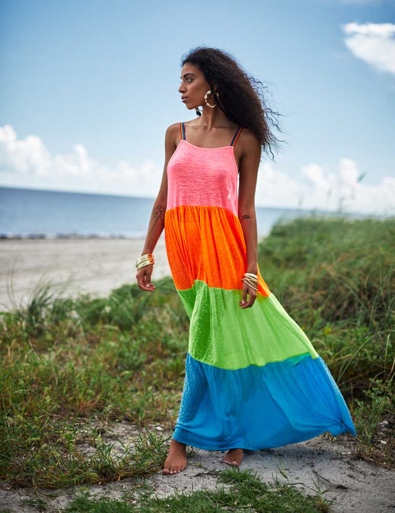 Tiered Maxi Dress with Vibrant Color Blocking — Trendy Coastal Outfits