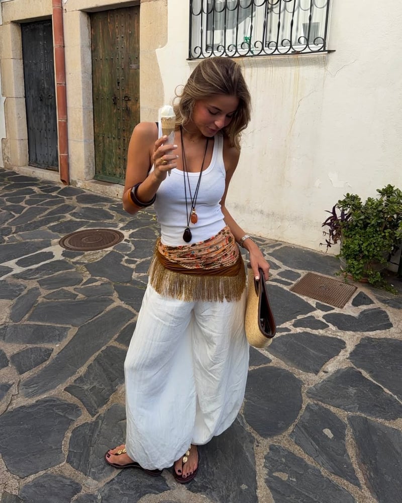 White Linen Pants with a Patterned Sash Belt — Trendy Coastal Outfits