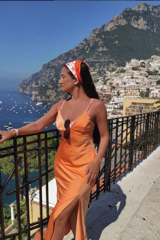 Orange Satin Slip Dress with a High Slit — Trendy Coastal Outfits