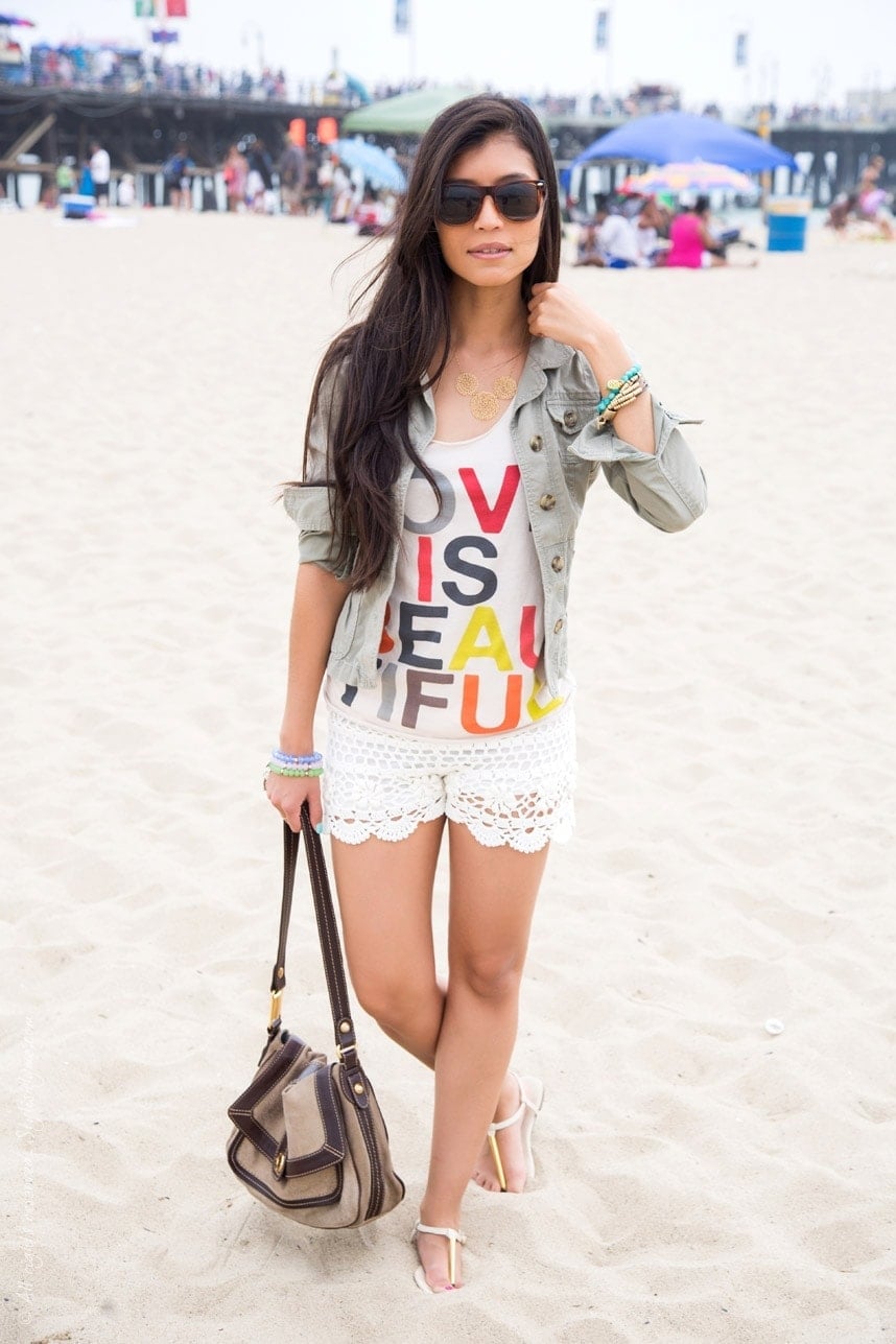 Olive Jacket Over Graphic Tank and Crochet Shorts — Trendy Coastal Outfits