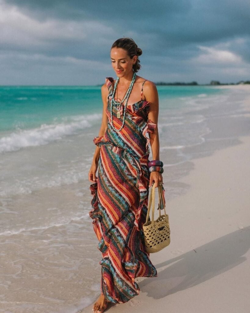 A Vibrant Ruffled Maxi Dress for Coastal Walks — Trendy Coastal Outfits