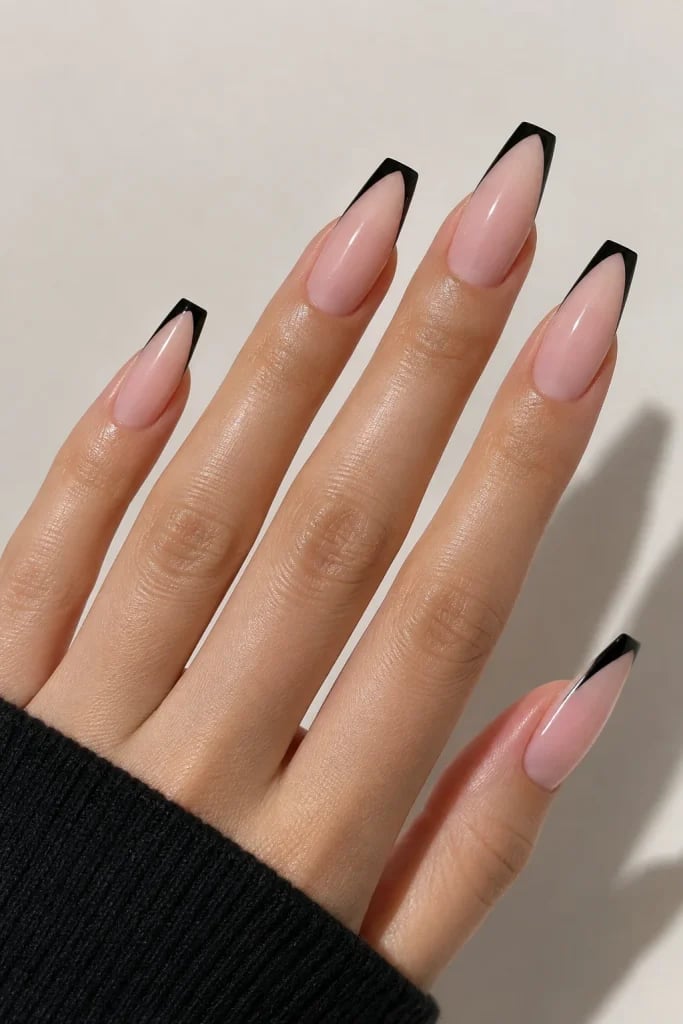 Long Coffin Black V French Nails Long Coffin Black V French Nails — Trendy Coffin Nails