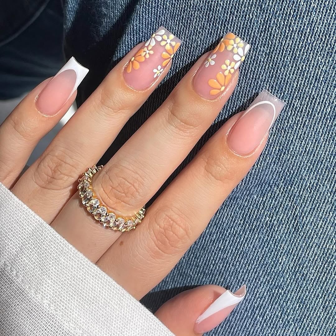 Long Coffin Floral French Tip Nails With длинные ногти формы коффин Long Coffin Floral French Tip Nails With длинные ногти формы коффин — Trendy Coffin Nails
