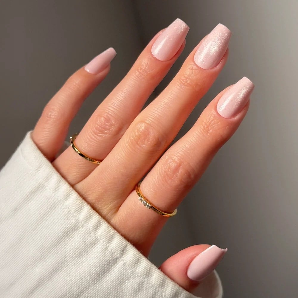Short Coffin Milky Pink Shimmer French Nails Short Coffin Milky Pink Shimmer French Nails — Trendy Coffin Nails