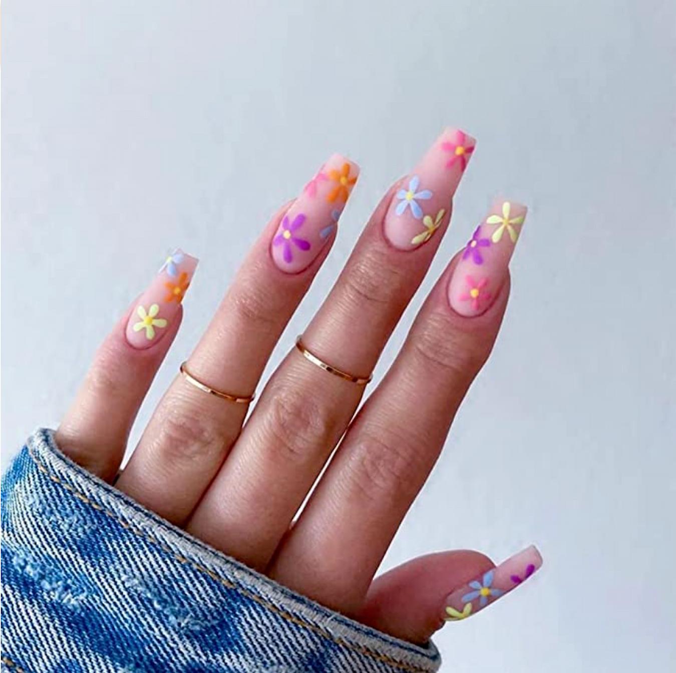 Long Coffin Matte Floral Nails Long Coffin Matte Floral Nails — Trendy Coffin Nails