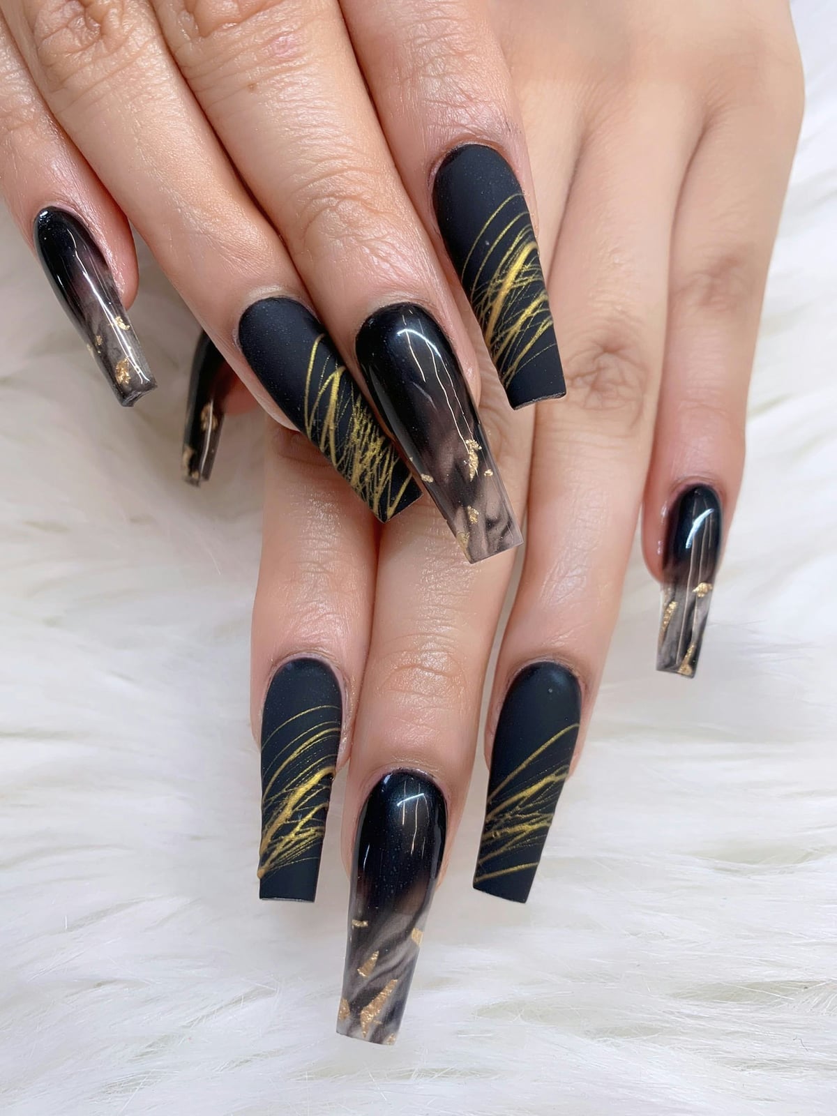 Long Coffin Matte Black Gold Line Nails Long Coffin Matte Black Gold Line Nails — Trendy Coffin Nails