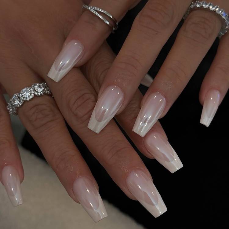 Long Coffin Pearlescent Milky White Nails Long Coffin Pearlescent Milky White Nails — Trendy Coffin Nails