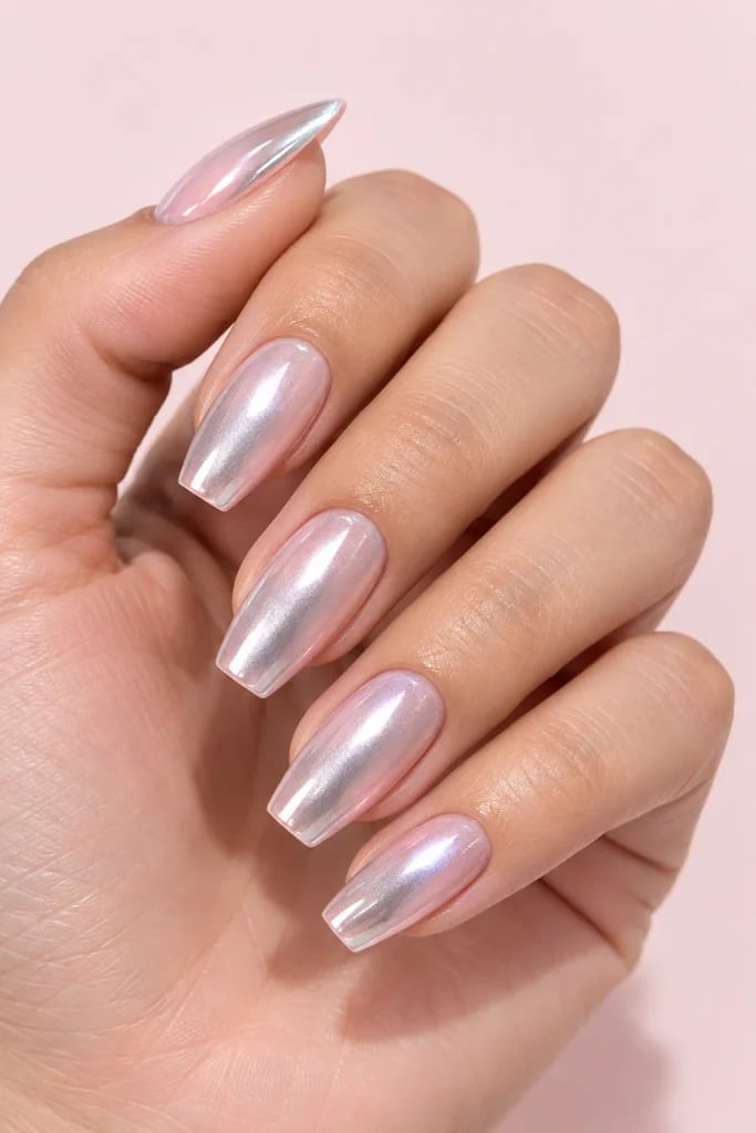 Long Coffin Pearlescent Chrome Nails Long Coffin Pearlescent Chrome Nails — Trendy Coffin Nails