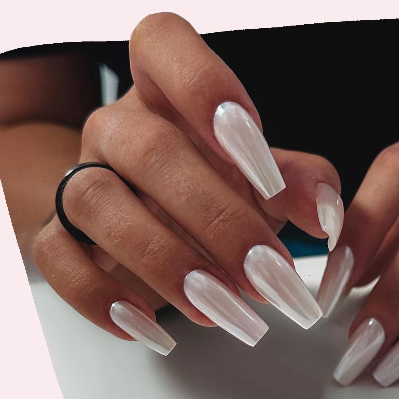 Long Coffin Pearl Chrome Nails Long Coffin Pearl Chrome Nails — Trendy Coffin Nails