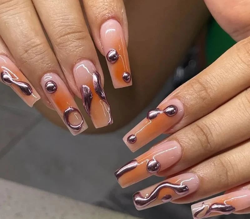 Long Coffin 3D Metallic Ombre Nails Long Coffin 3D Metallic Ombre Nails — Trendy Coffin Nails