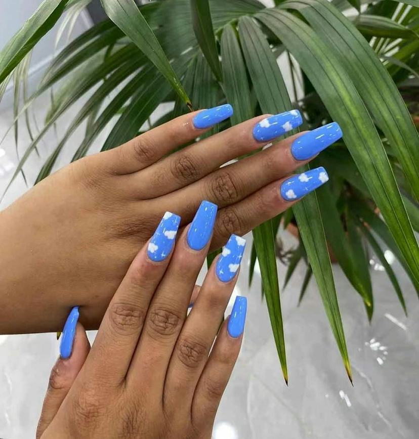 Long Coffin Sky Blue Cloud Nails Long Coffin Sky Blue Cloud Nails — Trendy Coffin Nails