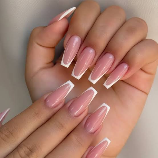 Medium Coffin Pink French Tip Nails, Glossy Medium Coffin Pink French Tip Nails, Glossy — Trendy Coffin Nails