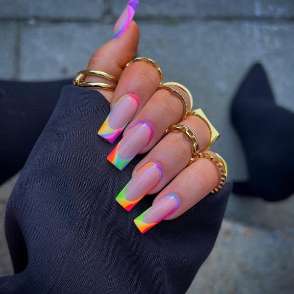 Long Coffin Rainbow French Tip Nails Long Coffin Rainbow French Tip Nails — Trendy Coffin Nails