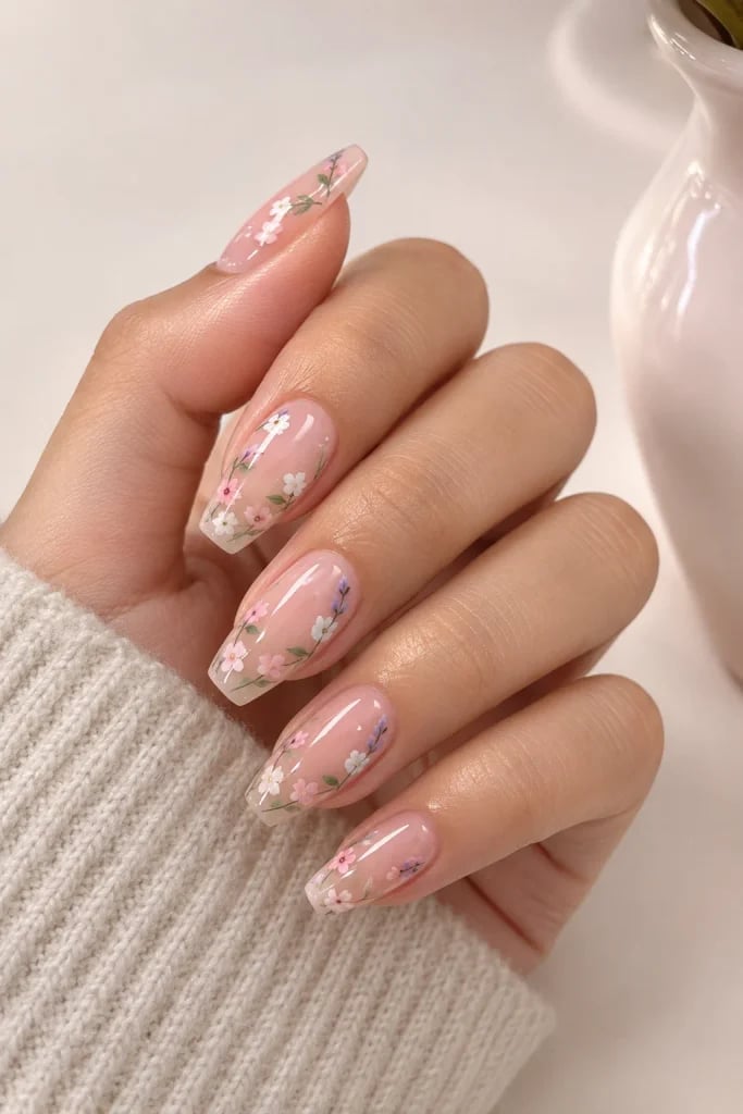 Medium Coffin Floral French Nails Medium Coffin Floral French Nails — Trendy Coffin Nails