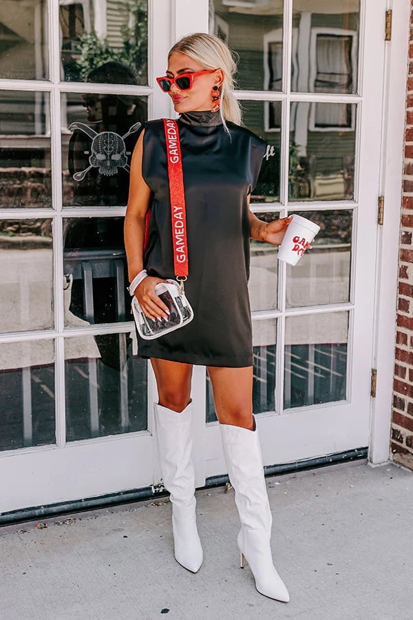 Satin Shift Mini Dress with Knee-High Boots — Trendy College Outfits