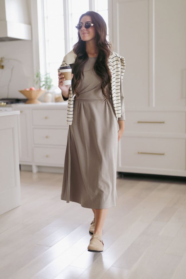 Grey Midi Dress with Striped Cardigan and Clogs — Trendy College Outfits