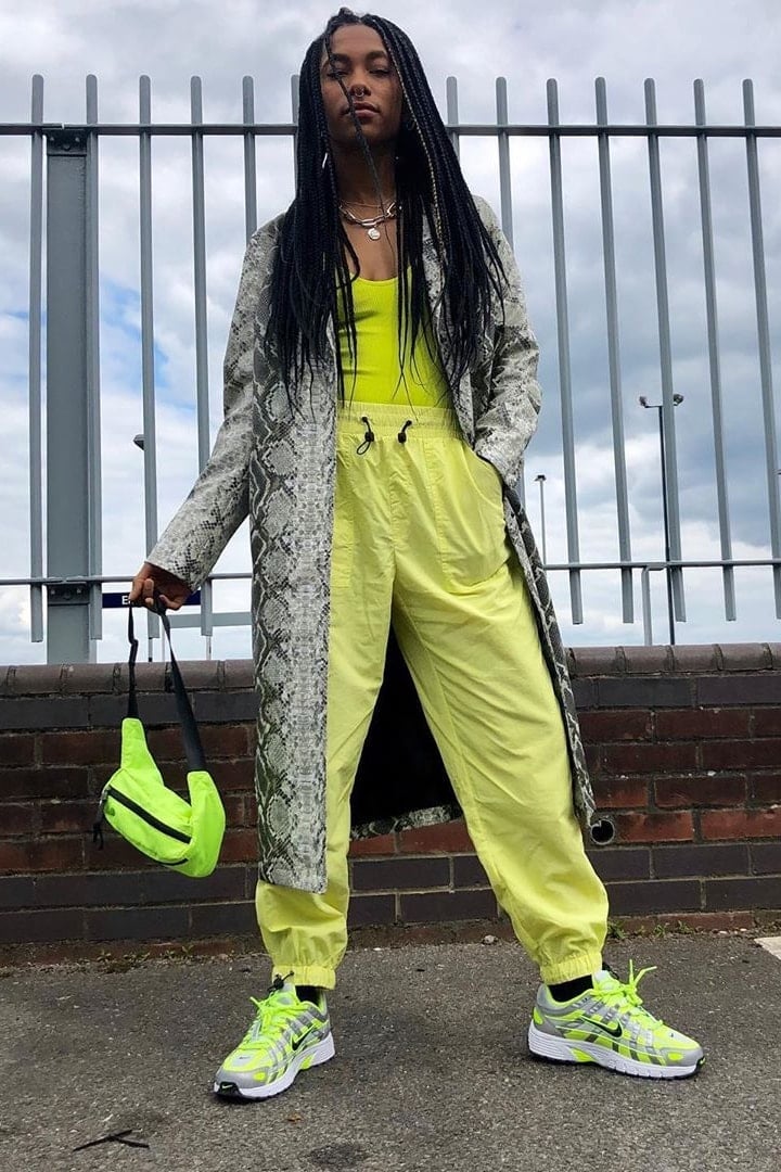 Snakeskin Print Coat with Neon Track Pants — Trendy College Outfits