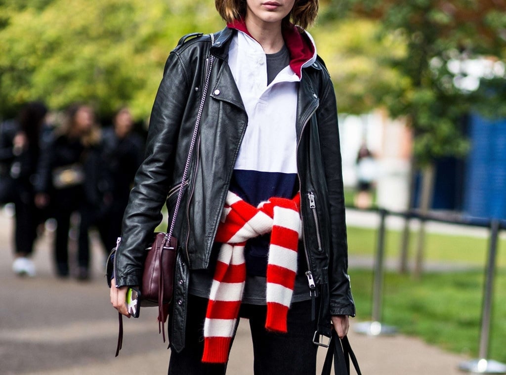 Leather Moto Jacket with Striped Sweater Tied at Waist — Trendy College Outfits