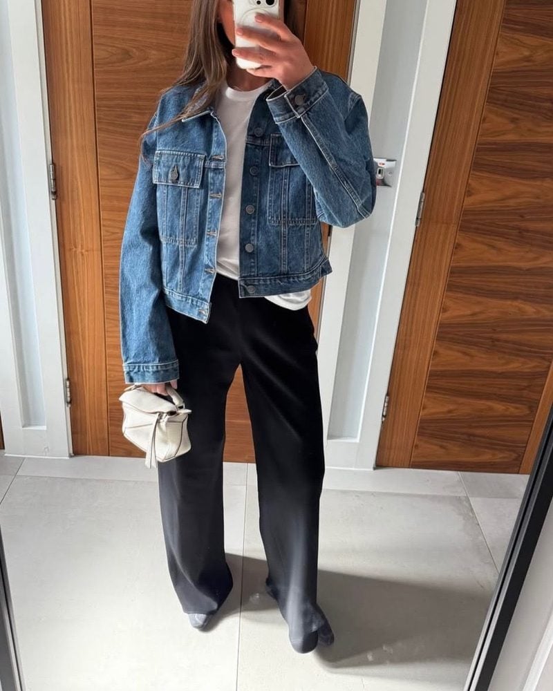 Denim Jacket with Wide-Leg Trousers and Pointed Heels — Trendy College Outfits
