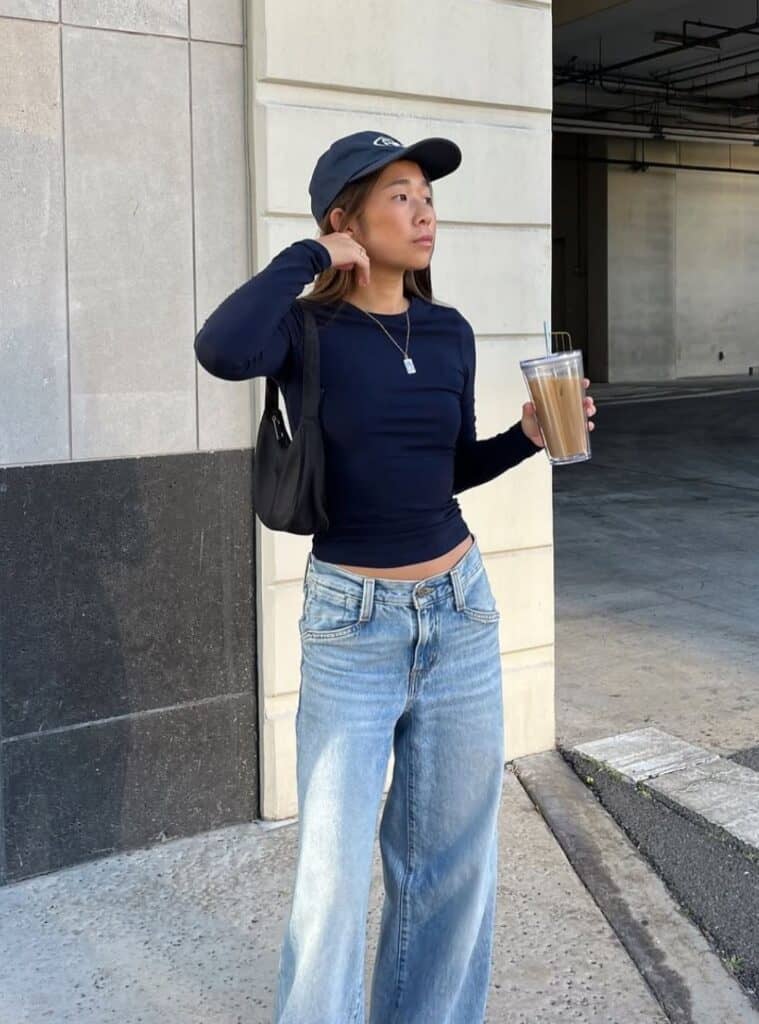 Fitted Long-Sleeve Top with Low-Rise Wide-Leg Jeans — Trendy College Outfits