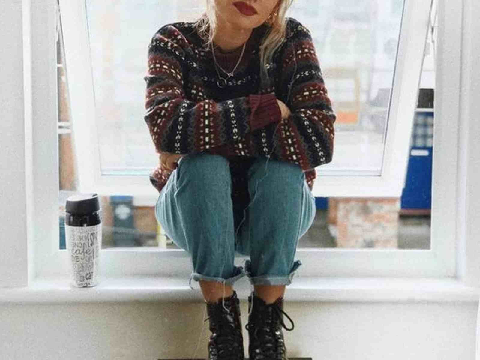 Patterned Knit Sweater with Cuffed Jeans and Lace-Up Boots — Trendy College Outfits