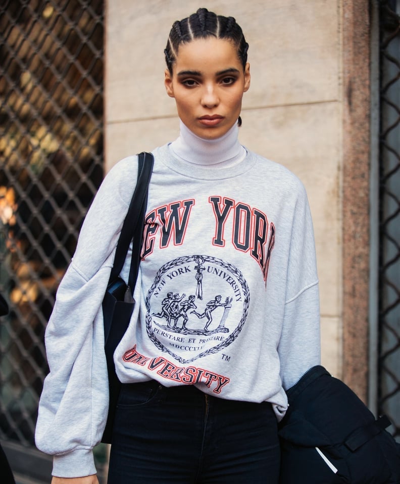 Graphic University Sweatshirt with Turtleneck and Jeans — Trendy College Outfits