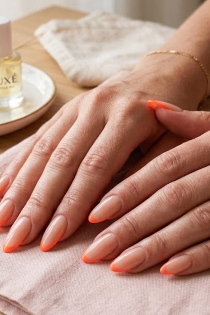 Medium Almond Neon Orange French Tips Medium Almond Neon Orange French Tips — Trendy Colorful Nails