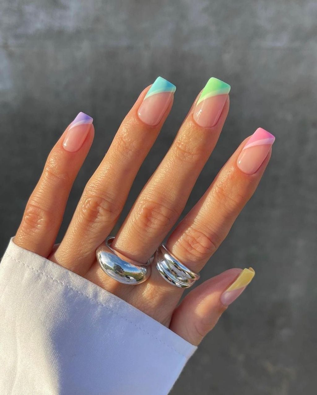Short Square White Rainbow Stripe Nails Short Square White Rainbow Stripe Nails — Trendy Colorful Nails