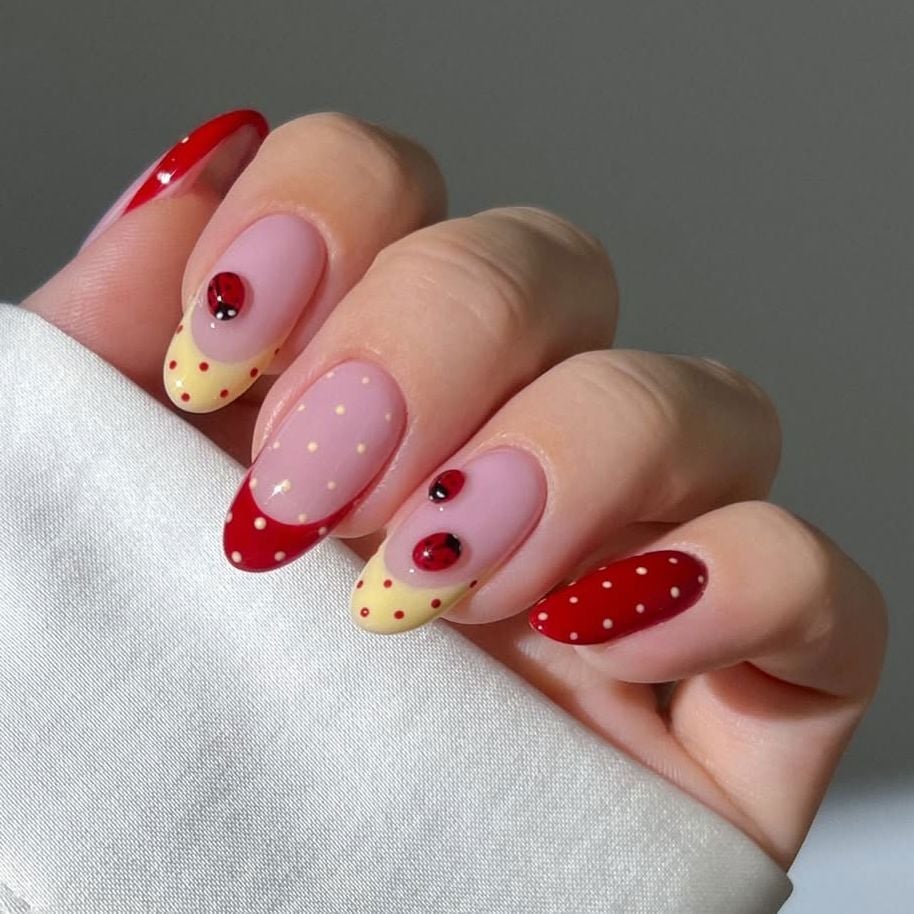Medium Oval Red Yellow French Tip Ladybug Nails Medium Oval Red Yellow French Tip Ladybug Nails — Trendy Colorful Nails