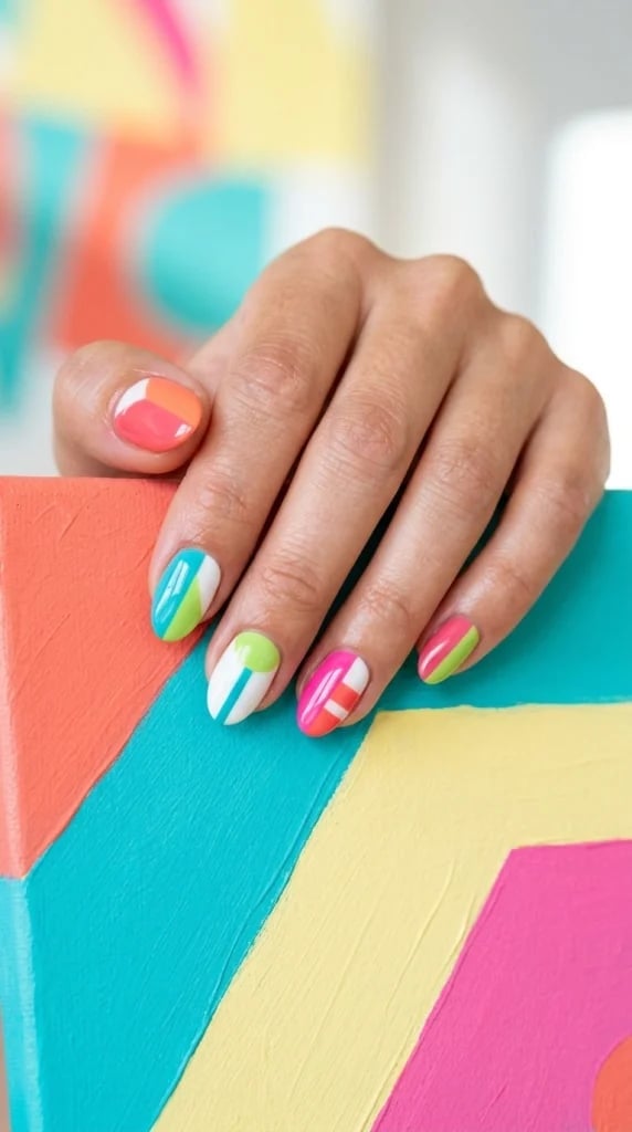 Short Square Geometric Color Block Nails Short Square Geometric Color Block Nails — Trendy Colorful Nails