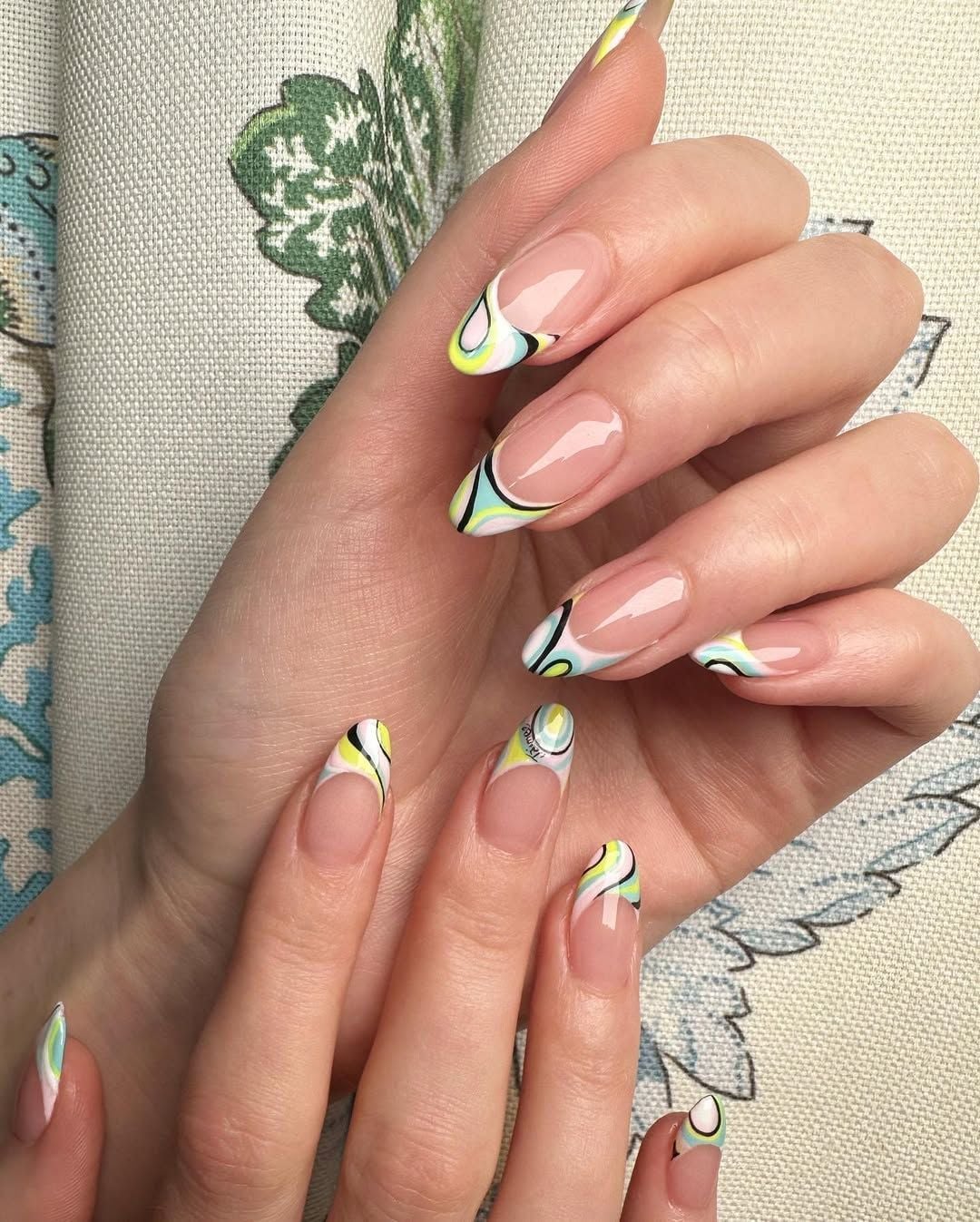 Long Almond Abstract Swirl French Tip Nails Long Almond Abstract Swirl French Tip Nails — Trendy Colorful Nails