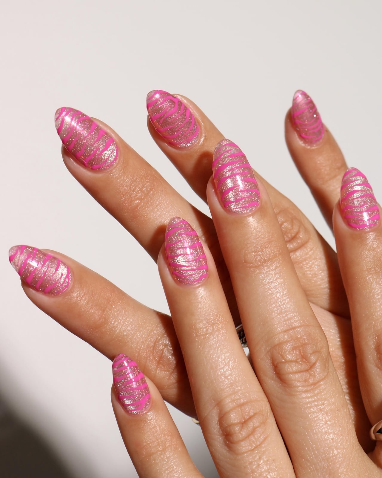 Medium Almond Jelly Glitter Stripe Nails Medium Almond Jelly Glitter Stripe Nails — Trendy Colorful Nails
