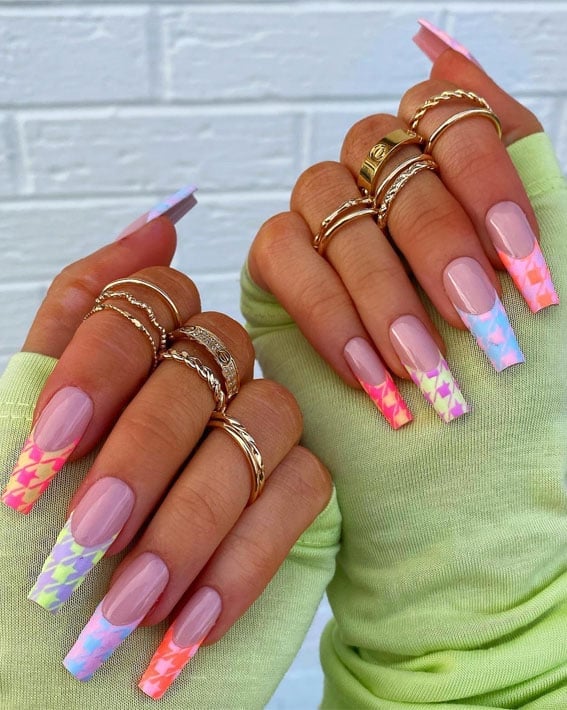 Long Coffin Neon Houndstooth French Tips Long Coffin Neon Houndstooth French Tips — Trendy Colorful Nails