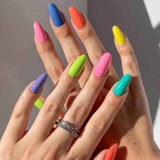 Medium Almond Multi-Color Solid Nails Medium Almond Multi-Color Solid Nails — Trendy Colorful Nails