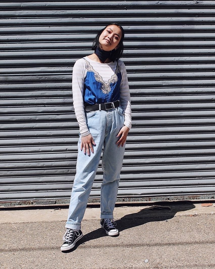 Slip Dress Over Long Sleeve Shirt with Mom Jeans Slip Dress Over Long Sleeve Shirt with Mom Jeans — Trendy Converse Outfits