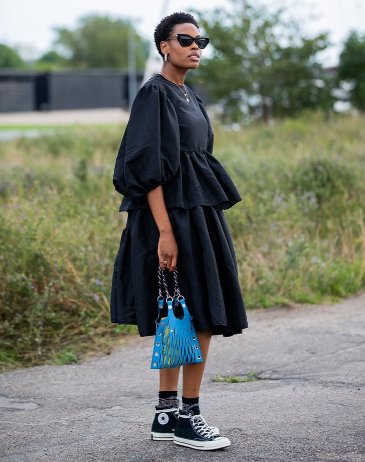 Voluminous Black Dress with High-Top Converse Voluminous Black Dress with High-Top Converse — Trendy Converse Outfits