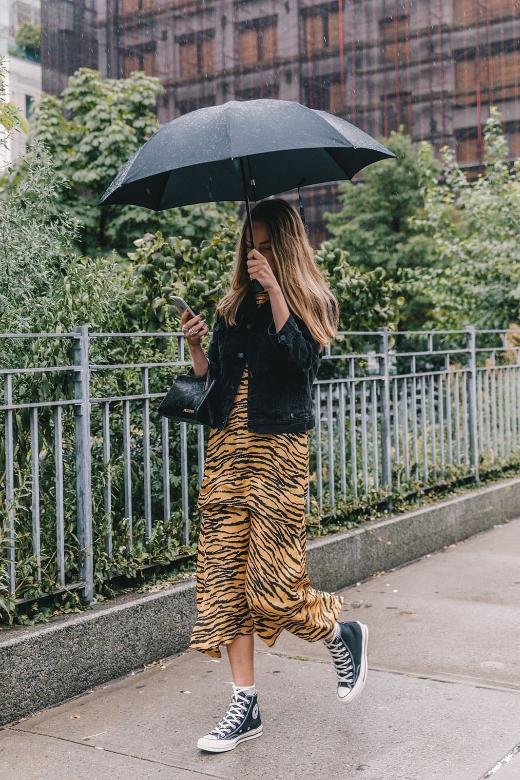 Denim Jacket with Tiger Print Dress and High-Top Converse Denim Jacket with Tiger Print Dress and High-Top Converse — Trendy Converse Outfits