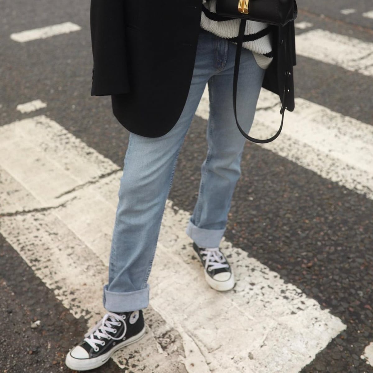 Oversized Blazer with Striped Sweater and Cuffed Jeans Oversized Blazer with Striped Sweater and Cuffed Jeans — Trendy Converse Outfits