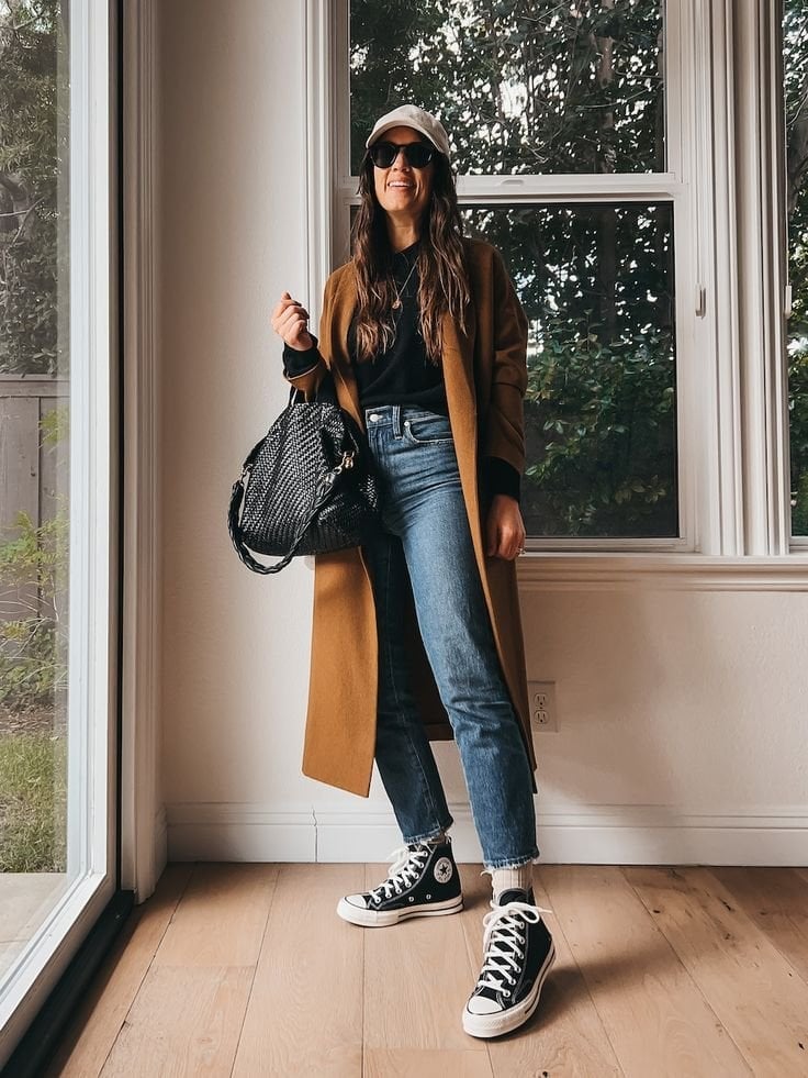 Camel Coat with Hoodie and Straight Leg Jeans Camel Coat with Hoodie and Straight Leg Jeans — Trendy Converse Outfits