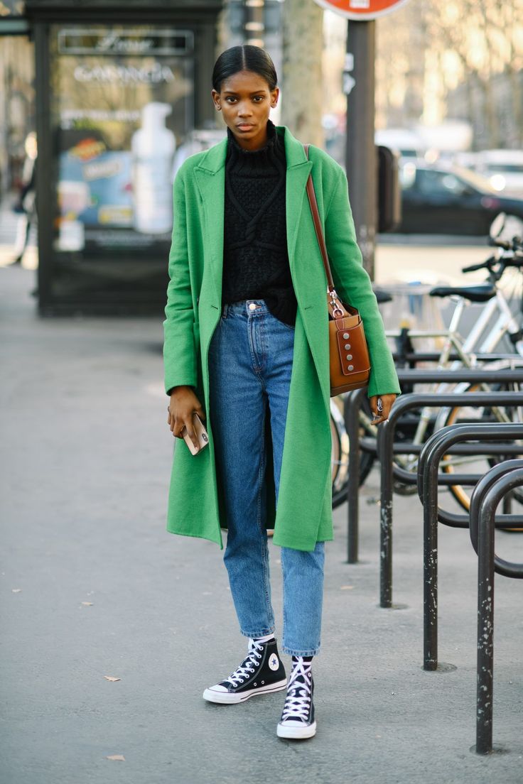 Bright Green Coat with Denim and Black High-Top Converse Bright Green Coat with Denim and Black High-Top Converse — Trendy Converse Outfits