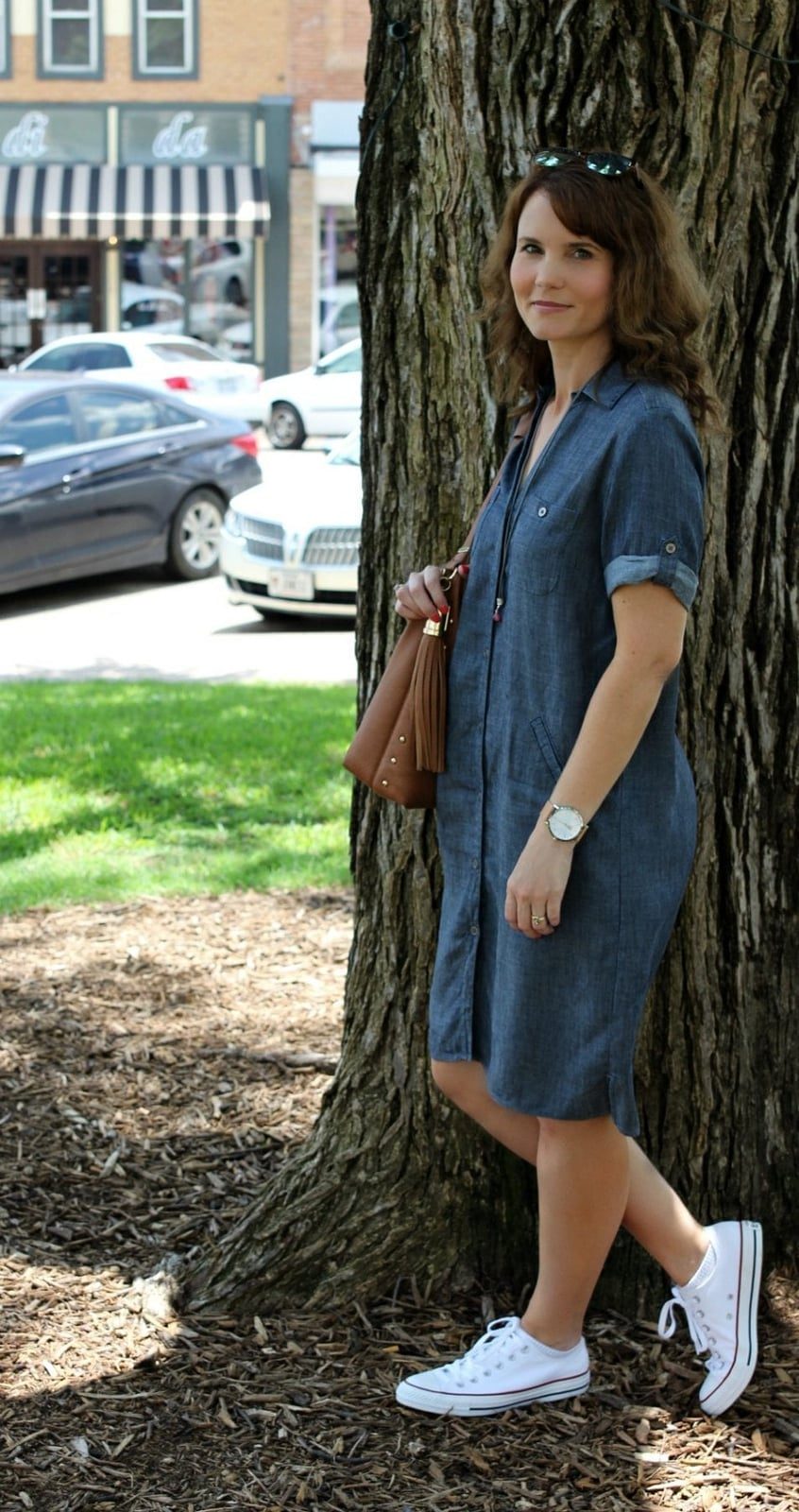 Denim Shirt Dress with White Low-Top Converse, Office-Safe Version Denim Shirt Dress with White Low-Top Converse, Office-Safe Version — Trendy Converse Outfits
